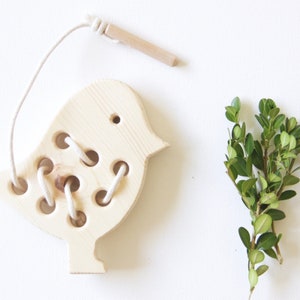Bird Lacing Board, Montessori + Waldorf Toddler, Preschool Learning Tool, Natural + Non-Toxic