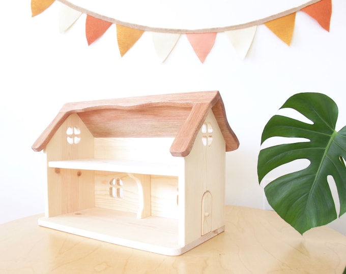 Wood Dollhouse | 1:16 Two-Tone Cottage | Waldorf Wooden Dollhouse | Montessori Peg Doll House