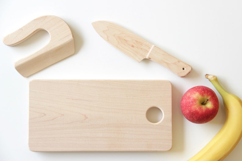 Montessori Wood Kitchen Tool Set Knife Chopper Cutting Board for Kids and Toddlers Play Dough Tools Sensory Bin Tools Set of Three