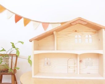 Wood Dollhouse | 1:12 Scale Large Cottage, Two- Tone | Waldorf Wooden Dollhouse | Montessori House
