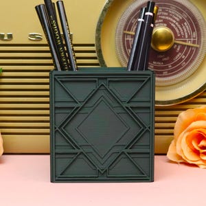 Art Deco Green Pen Pot Desk Organiser: Toothbrush Holder | Makeup Brush Holder