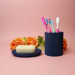 May include: A navy blue toothbrush holder containing toothbrushes in pink, blue, and white. A bar of soap sits on a matching navy blue soap dish. Orange roses and greenery are arranged on a pink background.