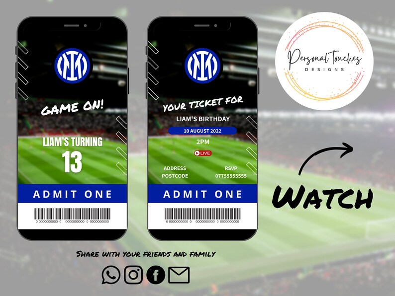 DIGITAL VIDEO INVITATION Inter Milan Football Birthday Invitation Personalised Phone Invite Send Text Whatsapp