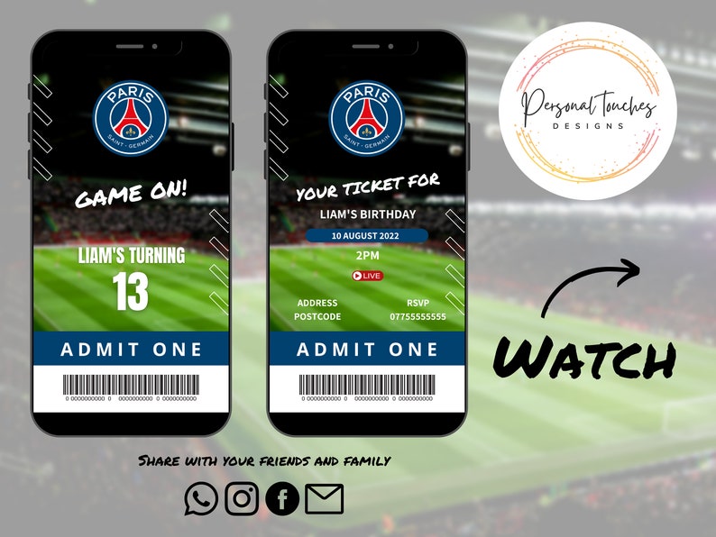DIGITAL VIDEO INVITATION Paris SaintGermain Football Birthday Invitation Personalised Phone Invite Send Text Whatsapp