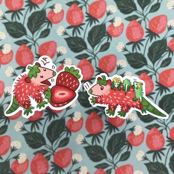 Strawberry Opossum Waterproof Vinyl Stickers, Cute Journal Laptop Decals