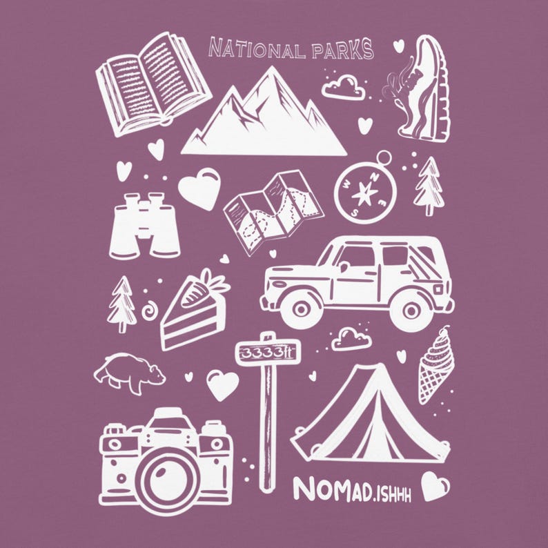 May include: White line art illustrations of outdoor adventure elements on a purple background. Includes mountains, a map, a compass, a car, a tent, a camera, and the text "NATIONAL PARKS" and "NOMAD.ISHHH".