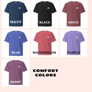 May include: A selection of short-sleeved t-shirts in shades like navy, black, brick, blue, watermelon, purple, and berry. Each shirt has a small white graphic on the chest and is labelled with its colour name. The text "COMFORT COLORS" is also displayed.