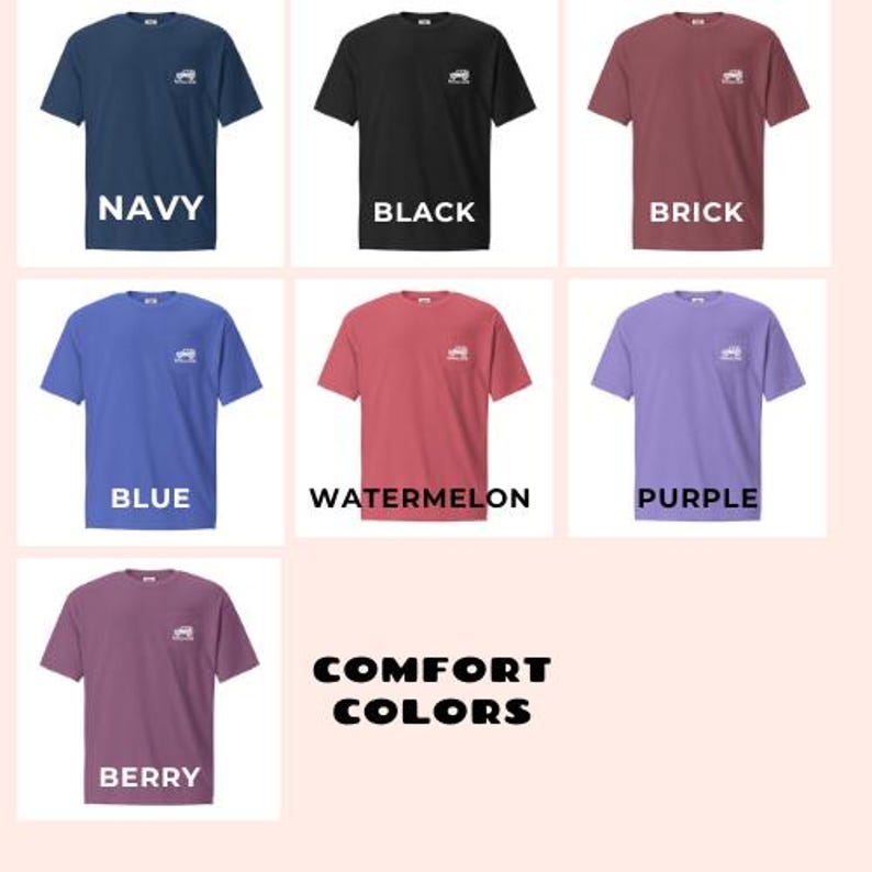 May include: A selection of short-sleeved t-shirts in shades like navy, black, brick, blue, watermelon, purple, and berry. Each shirt has a small white graphic on the chest and is labelled with its colour name. The text "COMFORT COLORS" is also displayed.