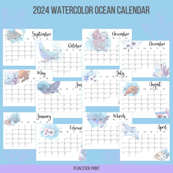 2024 Watercolor Ocean Marine Animal Printable Calendar