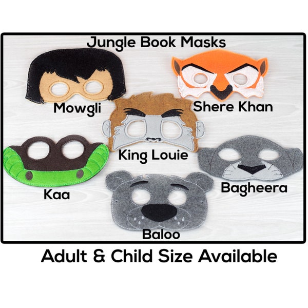 Jungle Boy & Friend Masks-Adult or Child Size Felt Mask-Costume-Creative-Imaginary Play-Dress Up-Halloween-Jungle Boy-Snake-Bear-Tiger