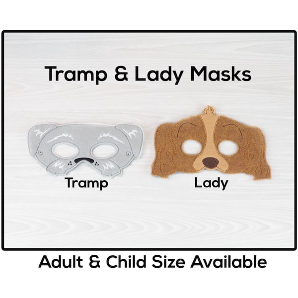 Tramp & Lady Masks-Adult or Child Size Felt Mask-Costume-Creative-Imaginary Play-Dress Up-Halloween-Dogs-Mutt-Cocker Spaniel-Dog Friends