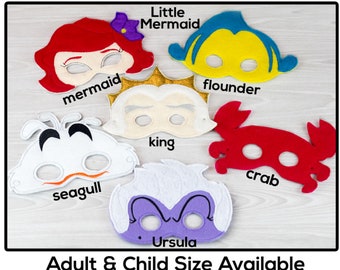 Little Mermaid Masks-Adult or Child Size Felt Mask-Costume-Creative-Imaginary Play-Dress Up-Halloween-King-Villain-Mermaid-Flounder-Crab
