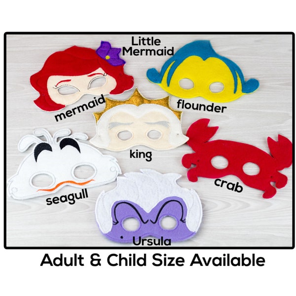 Little Mermaid Masks-Adult or Child Size Felt Mask-Costume-Creative-Imaginary Play-Dress Up-Halloween-King-Villain-Mermaid-Flounder-Crab