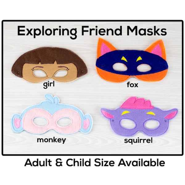 Exploring Friend Masks-Adult or Child Size Felt Mask-Costume-Creative-Imaginary Play-Dress Up-Halloween-Spanish Girl-Fox-Monkey-Squirrel