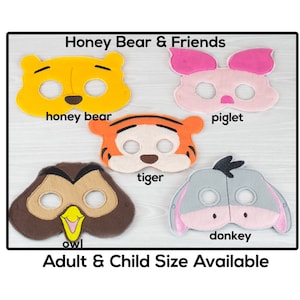 Máscaras de oso de miel y amigos-Máscara de fieltro de tamaño adulto o niño-Disfraz-Creativo-Juego imaginario-Vestir-Halloween-Burro-Oso-Cerdo-Tigre-Búho-Oso