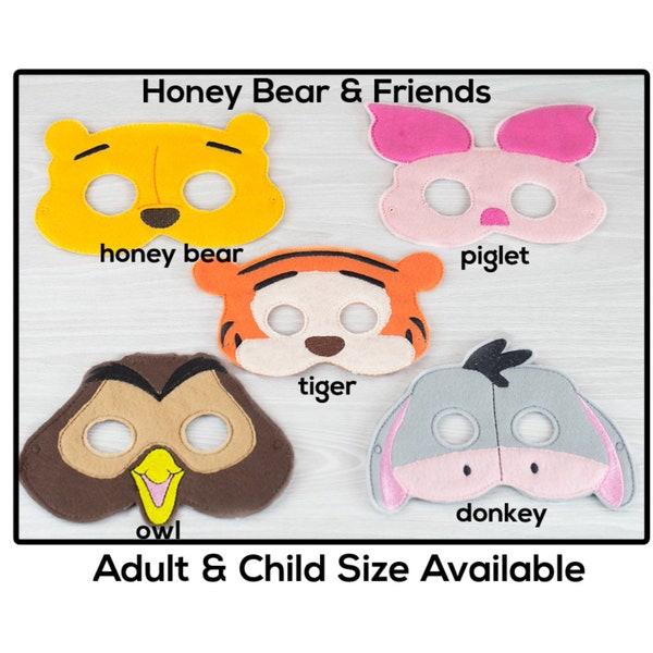 Honey Bear & Freind Masks-Adult or Child Size Felt Mask-Costume-Creative-Imaginary Play-Dress Up-Halloween-Donkey-Bear-Pig-Tiger-Owl-Bear