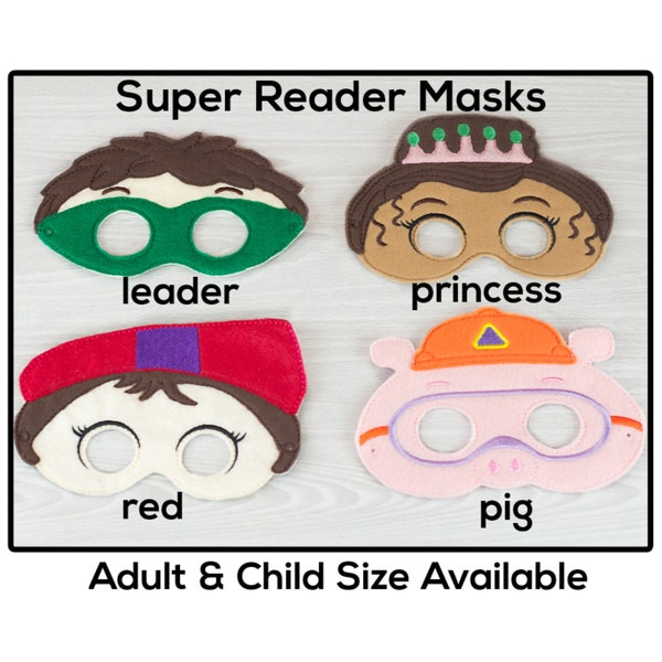 Super Reader Masks-Adult or Child Size Felt Mask-Costume-Creative-Imaginary Play-Dress Up-Halloween-Leader-Princess-Pig-Red-Wonder