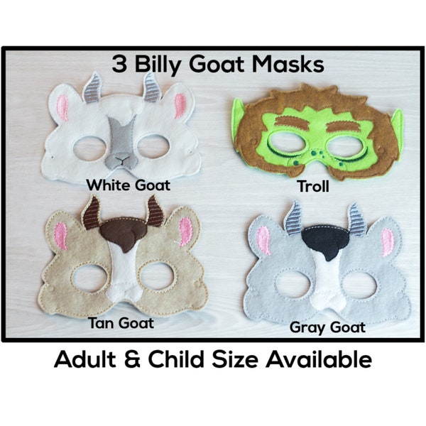 3 Billy Goat Masks-Adult or Child Size Felt Mask-Costume-Creative-Imaginary Play-Dress Up-Halloween-Goa-Troll-Billy Goat-Fairy Tale-Play