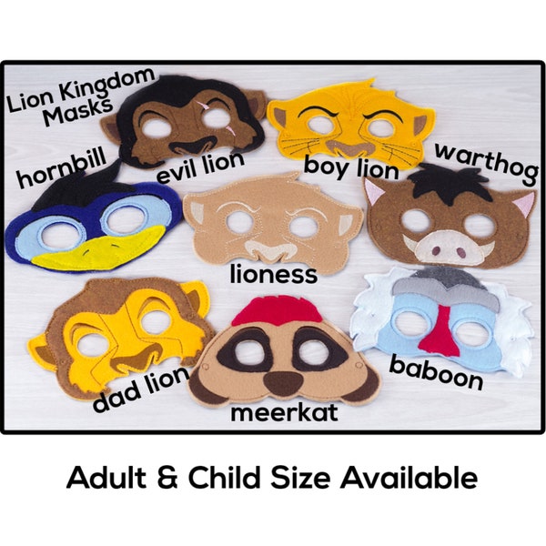 Lion King Masks-Adult or Child Size Felt Mask-Costume-Creative-Imaginary Play-Dress Up-Halloween-Lion Kingdom-Warthog-Meerkat-Lioness-Baboon