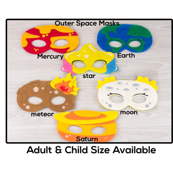Outer Space Mask-Adult or Child Size Felt Mask-Costume-Creative-Imaginary Play-Dress Up-Halloween-School Play-Moon-Star-Meteor-Earth-Mars
