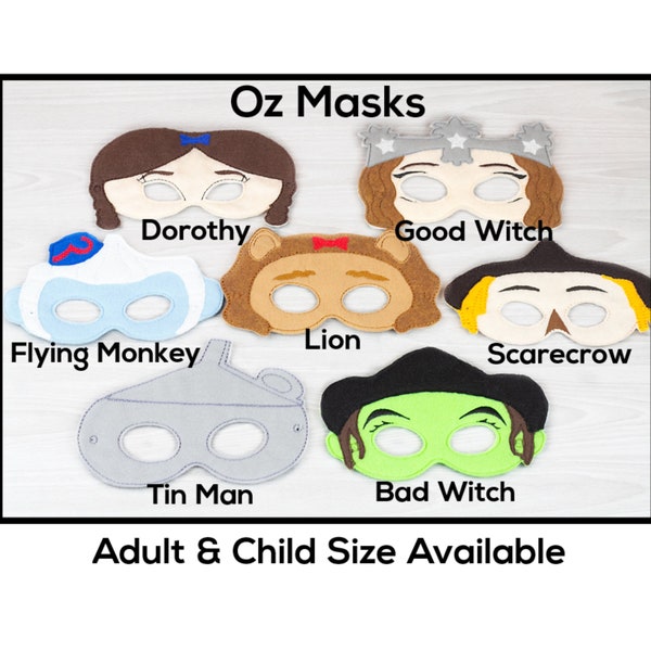 Oz Masks-Adult or Child Size Felt Mask-Costume-Creative-Imaginary Play-Dress Up-Halloween-School Play-Storybook-scarecrow-witch-monkey-lion