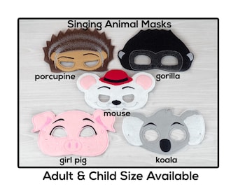 Singing Animal Mask-Adult or Child Size Felt Mask-Costume-Creative-Imaginary Play-Dress Up-Halloween Mask-School Play-Wolf-Sheep-Pig-Gorilla