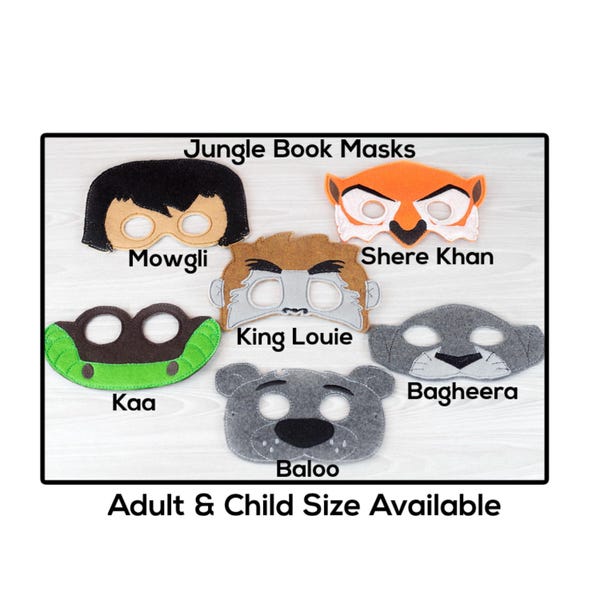 Jungle Boy & Friend Masks-Adult or Child Size Felt Mask-Costume-Creative-Imaginary Play-Dress Up-Halloween-Jungle Boy-Snake-Bear-Tiger