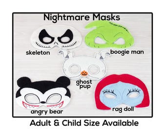 Nightmare Masks-Adult/Child Size Felt Mask-Costume-Creative-Imaginary Play-Dress Up-Halloween-Christmas-Skeleton-Rag Doll-Ghost Pup-Boogie