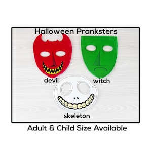 Halloween Prankster Masks-Adult or Child Size Felt Mask-Costume-Creative-Imaginary Play-Dress Up-Halloween-Devil-Witch-Skeleton-Nightmare
