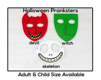 Halloween Prankster Masks-Adult or Child Size Felt Mask-Costume-Creative-Imaginary Play-Dress Up-Halloween-Devil-Witch-Skeleton-Nightmare