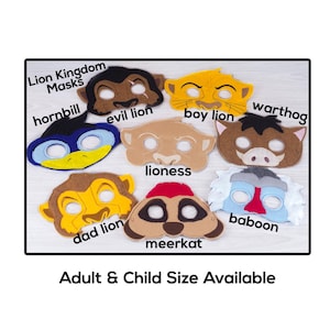 Lion King Masks-Adult or Child Size Felt Mask-Costume-Creative-Imaginary Play-Dress Up-Halloween-Lion Kingdom-Warthog-Meerkat-Lioness-Baboon