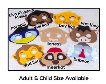 Lion King Masks-Adult or Child Size Felt Mask-Costume-Creative-Imaginary Play-Dress Up-Halloween-Lion Kingdom-Warthog-Meerkat-Lioness-Baboon