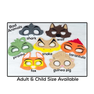 Bad Animal Masks-Adult or Child Size Felt Mask-Costume-Creative-Imaginary Play-Dress Up-Halloween-Fox-Guinea Pig-Piranha-Shark-Snake-Wolf