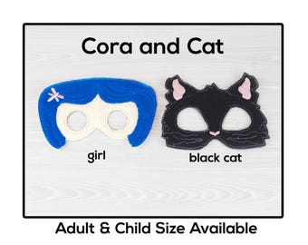Cora & Cat Masks-Adult or Child Size Felt Mask-Costume-Creative-Imaginary Play-Dress Up-Halloween-Blue Hair Girl-Cat-Kitten-Story