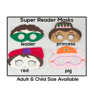 Super Reader Masks-Adult or Child Size Felt Mask-Costume-Creative-Imaginary Play-Dress Up-Halloween-Leader-Princess-Pig-Red-Wonder