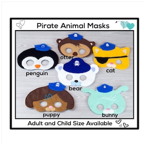 Máscara de animal pirata do oceano - Máscara de feltro tamanho adulto/infantil - Fantasia - Criativa - Imaginária - Vestir - Halloween - Brincadeira escolar - Lontra - Pinguim - Coelho - Urso - Gato
