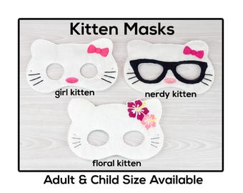 Kitten Masks-Adult or Child Size Felt Mask-Costume-Creative-Imaginary Play-Dress Up-Halloween-White Cat-Nerd-Floral-Bow Kitty