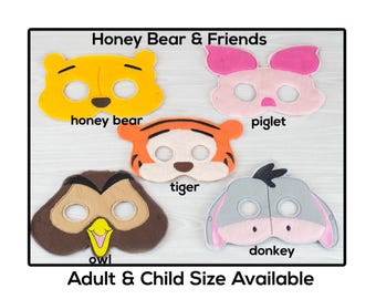 Honey Bear & Freind Masks-Adult or Child Size Felt Mask-Costume-Creative-Imaginary Play-Dress Up-Halloween-Donkey-Bear-Pig-Tiger-Owl-Bear