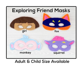 Exploring Friend Masks-Adult or Child Size Felt Mask-Costume-Creative-Imaginary Play-Dress Up-Halloween-Spanish Girl-Fox-Monkey-Squirrel