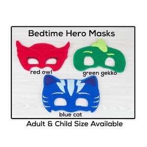 Bedtime Hero Masks-Adult or Child Size Felt Mask-Costume-Creative-Imaginary Play-Dress Up-Halloween-Cat-Owl-Gekko-Animal-Hero-Helper