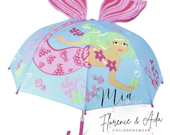 3d umbrellas - personalised - rainy days - school run - nursery - gift ideas - umbrellas kids - - mermaid umbrella- dinosaur