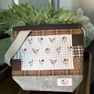 Bolsa de projeto de frango de retalhos - Bolsa estilo cordão - Feito à mão - Fazenda - Primavera/Verão