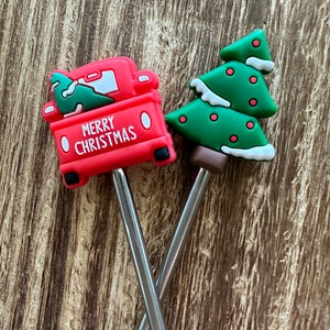 Truck & Snowy Tree - Stitch Stoppers - Knitting Needle Point Protectors - Knitting Notions - Holiday - Christmas