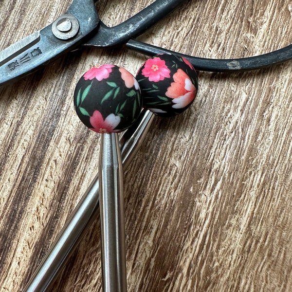 Peach Blossom Floral - 15mm - Stitch Stoppers - Knitting Needle Point Protectors - Knitting Notions - Knitting Needles