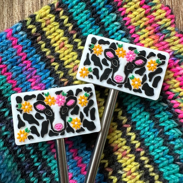 Floral Cow - Stitch Stoppers - Knitting Needle Point Protectors - Knitting Notions - Flowers - BoHo - Farm