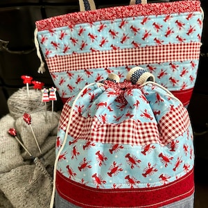 Lobster Party - Borsa per progetti formato maglione XL - Stile coulisse - Patchwork - Nautico - Estivo