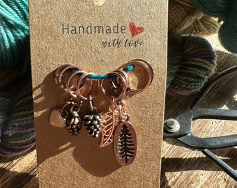 Woodland Copper - Stitch Marker - Progress Keeper Set - Knitting Notions - Crochet - Tree - Pinecone - Leaf - Heart