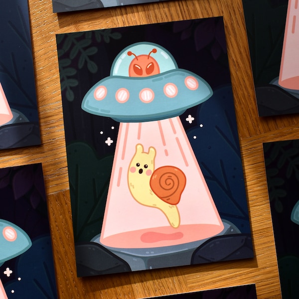 UFO | Snail Abducted by Alien | A5 Cute Illustration, Cute Art, Wall Decor, Snail Print, Art Print