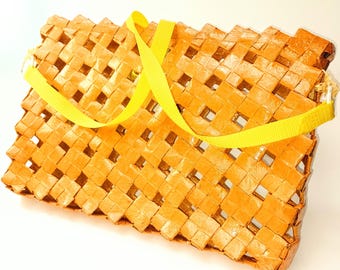 Handcrafted yellow and gold laptop bag - hand-braided from recycled cardboard - shoulder strap