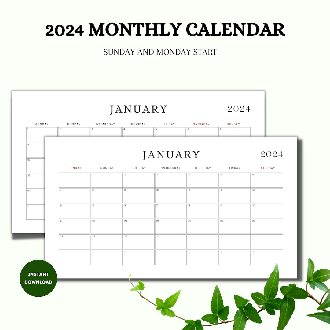 2024 Minimalist Printable Calendar Landscape Monthly Calendar - Etsy